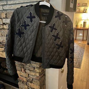 BCBGMaxAzria Dark Olive Bomber Jacket with navy blue stitching, size small